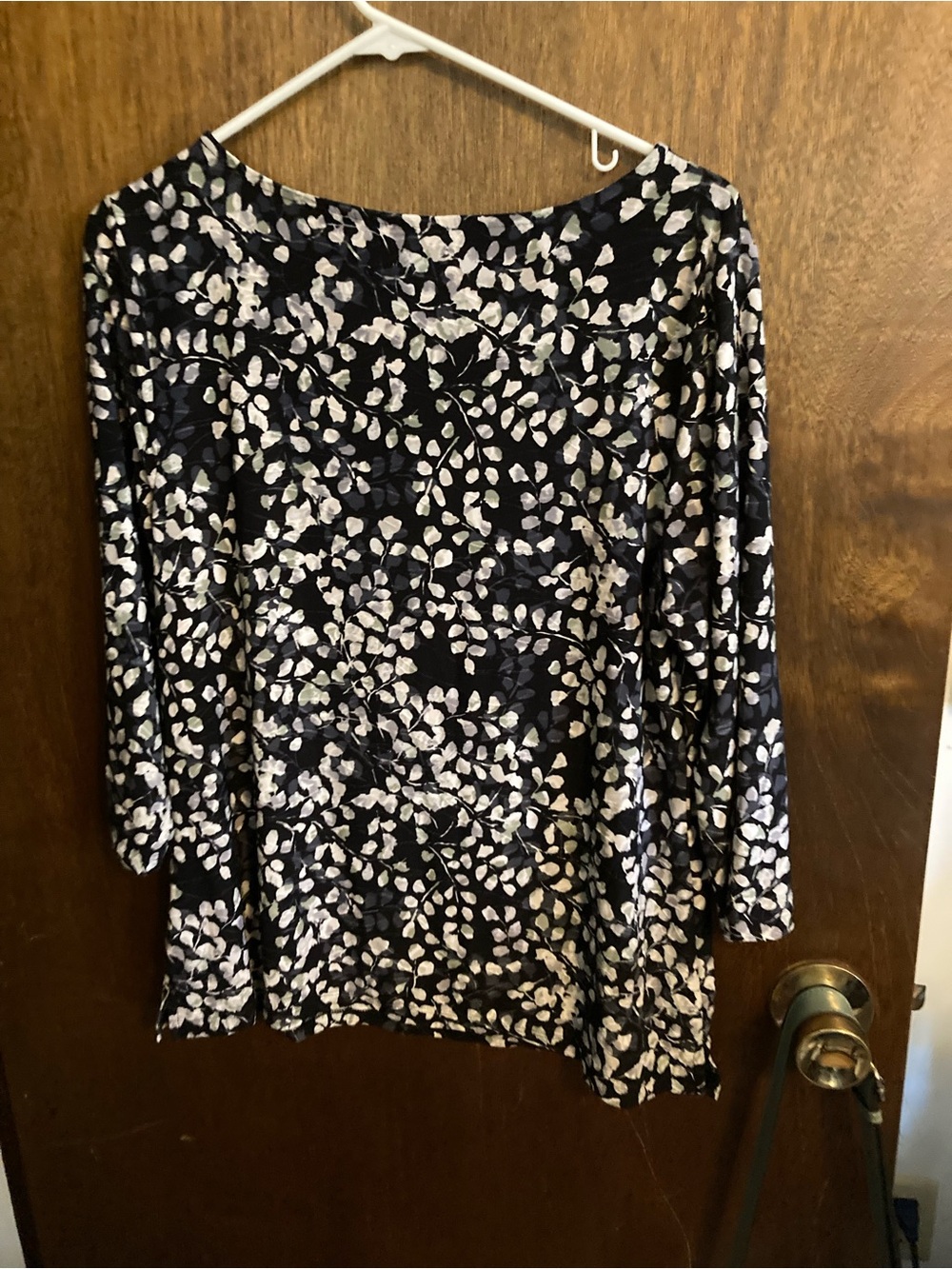 croft & barrow Navy and White Leaf-Print Boatneck Long Sleeve Top